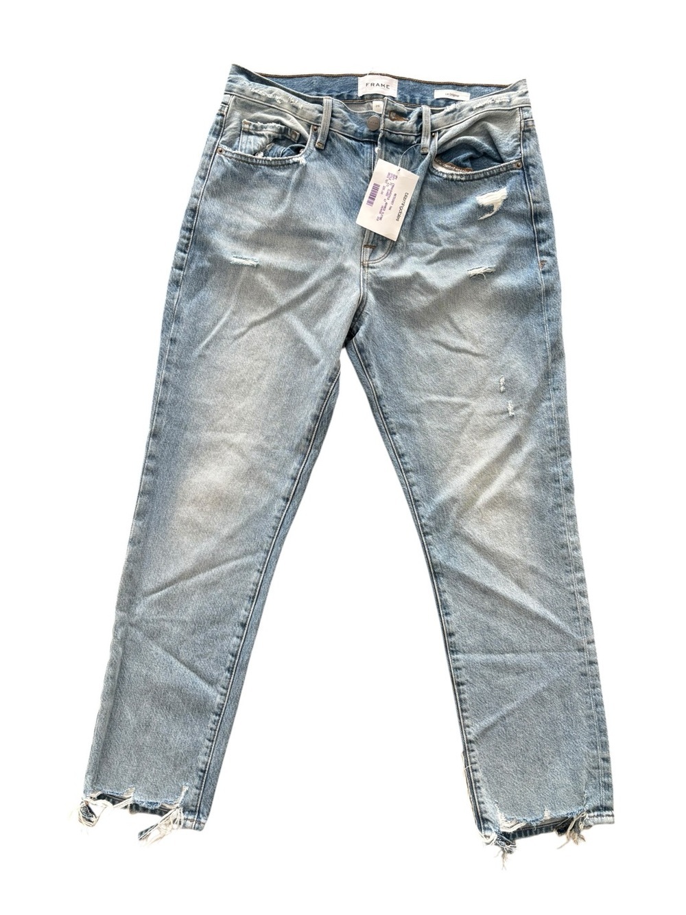 Frame Denim Light Blue Straight Leg Jeans with Frayed Hems